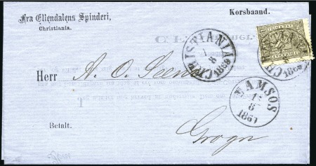Stamp of Norway 1867-68 1sk black, single franking tied to 1869 folded printed entire