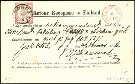Stamp of Finland 1860 Design "Retour Recipisse" formular with imprinted 10p Arms