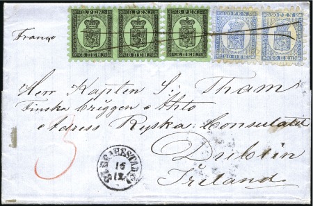 Stamp of Finland 1866-67 8p roulette I on ordinary paper (v1) pair and single plus pair of scarcer 20p greenish-blue roulette III on grey-blue paper (v2b)