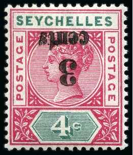 Stamp of Seychelles 1893 3c on 4c Carmine & Green, SURCHARGE INVERTED mint
