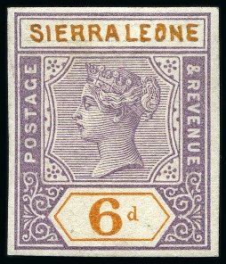 Stamp of Sierra Leone 1896-97 6d Dull Mauve & Orange, imperf essay with country name is hand painted in orange