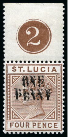 Stamp of St. Lucia 1891-92 "ONE PENNY" on 4d Brown, SURCHARGE DOUBLE