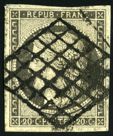 Stamp of France 1849 20c gris, obl., TB, rare, cert. Calves (Yv. €