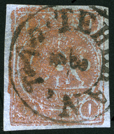 Stamp of Persia » 1868-1879 Nasr ed-Din Shah Lion Issues » 1878-79 Re-engraved (SG 37-39) (Persiphila 26-28)  1878 1 Toman bronze red on blue pelure paper, type C, used with clear central Teheran cds