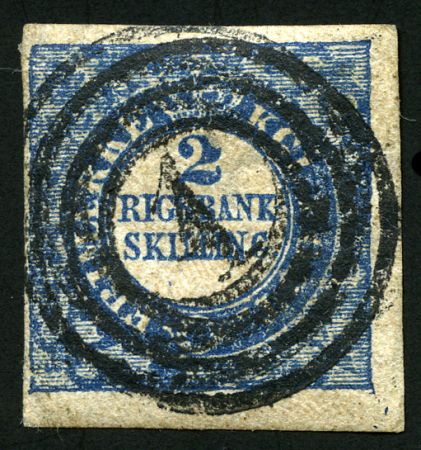 Stamp of Denmark 2 Rigsbank sk. blue used with 1 in circles, very fine,