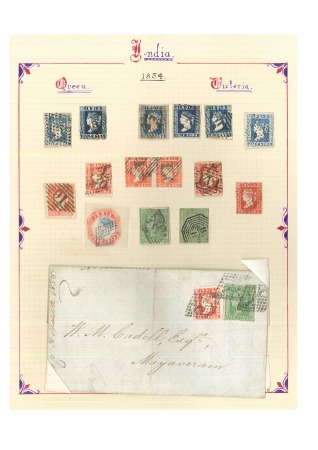 Stamp of India » Collections, Lots etc. 1854 Small collection of classic values with 1/2a (6), 1a (6 incl. 1 pair), 2a (2), 4a (1) and a folded letter with 1/2a + 2a from Madras to Mayaveram