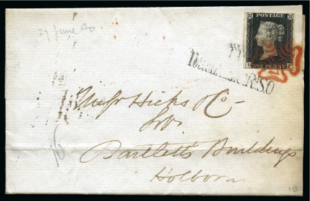 Stamp of Great Britain » 1840 1d Black and 1d Red plates 1a to 11 1840 1d Black pl.1b DF with close to good margins tied by crisp red MC to 1841 (Jul 27) wrapper
