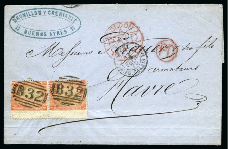 Stamp of Great Britain » British Post Offices Abroad » Argentina 1870 Wrapper from Buenos Aires to France with 1865-67 4d vermilion pl.9 right marginal vert. pair
