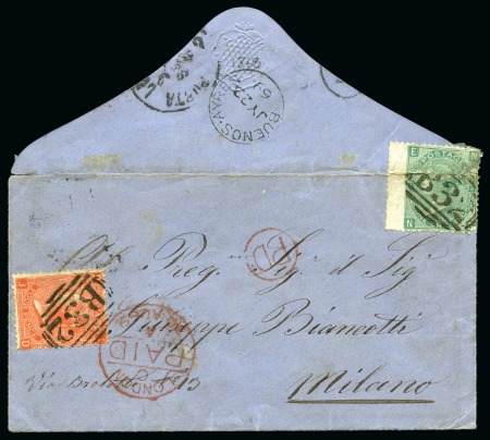 Stamp of Great Britain » British Post Offices Abroad » Argentina 1869 (Jul 23) Envelope from Buenos Aires to Italy with 1865-73 4d vermilion pl.11 and 1867-73 1s green pl.4 