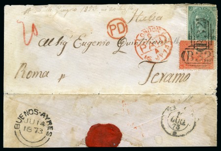 Stamp of Great Britain » British Post Offices Abroad » Argentina 1873 (Jun 14) Front and half of the reverse sent to Italy