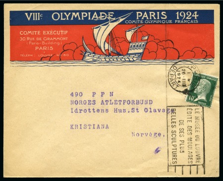 Stamp of Olympics » 1924 Paris » Covers and Cancellations 1924  (Mar 26) France Olympic Committee printed envelope sent to Norway