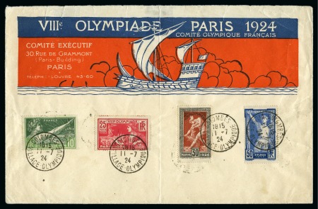 Stamp of Olympics » 1924 Paris » Covers and Cancellations 1924 France Olympic Committee printed envelope with 1924 Olympic set of 4 tied by "COLOMBES / VILLAGE OLYMPIQUE" cds