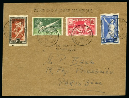 Stamp of Olympics » 1924 Paris » Covers and Cancellations DURING THE GAMES: 1924 (Jul 11) Front/parcel piece with 1924 Olympic  set tied by "COLOMBES / VILLAGE-OLYMPIQUE" cds