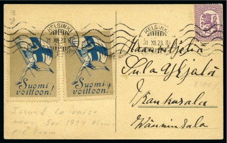 Stamp of Olympics » 1924 Paris » 1924 Olympic Issues of Other Countries FINLAND: 1923 (Dec 31) Postcard with two "Suomi voittoon!" fundraising vignettes for the 1924 Games