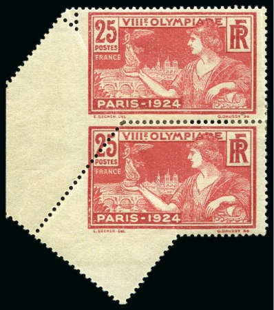 Stamp of Olympics » 1924 Paris » Issued Stamps and Varieties 1924 Olympics 25c mint hr vertical pair with pre-perforation paper fold