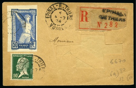 Stamp of Olympics » 1924 Paris » Issued Stamps and Varieties 1924 Olympic 50c IMPERFORATE tied to cover by EPINAL cds