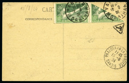 Stamp of Olympics » 1924 Paris » Covers and Cancellations 1924 (Aug 12) Postcard with 1924 Olmypic 10c pair with right stamp diagonally bisected