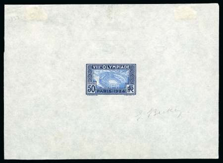 Stamp of Olympics » 1924 Paris » Essays and Proofs 1924 50c Olympics unissued design die proof in dark blue and light blue on thin vertically ribbed paper