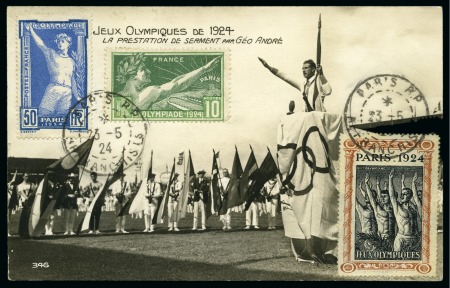 Stamp of Olympics » 1924 Paris » Covers and Cancellations 1924 (May 23) AN Paris postcard of the Olympic oath with 1924 Olympics 10c and 50c and Olympic vignette