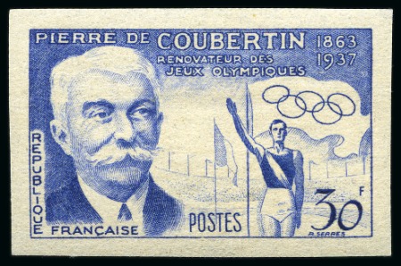 Stamp of Olympics » Pierre de Coubertin and the IOC FRANCE: 1956 30f Pierre de Coubertin imperf colour trials (2)
