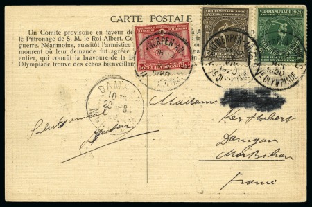 Stamp of Olympics » 1920 Antwerp DURING THE GAMES: 1920 (Aug 26) "VIIe OLYMPIADE" postcard by Verelst with Olympics set tied by special cds