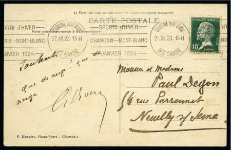 Stamp of Olympics » 1924 Chamonix 1923 (Dec 27) Picture postcard with "SPORTS d'HIVER / CHAMONIX - MONT-BLANC / JANVIER 1924" special roller cancel