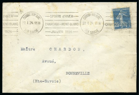 Stamp of Olympics » 1924 Chamonix 1924 (Jan 22) Envelope with "SPORTS d'HIVER / CHAMONIX - MONT-BLANC / JANVIER 1924" special roller cancel