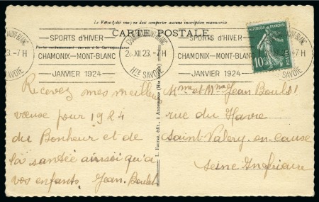 Stamp of Olympics » 1924 Chamonix 1923 (Dec 28) Picture postcard with "SPORTS d'HIVER / CHAMONIX - MONT-BLANC / JANVIER 1924" special roller cancel 