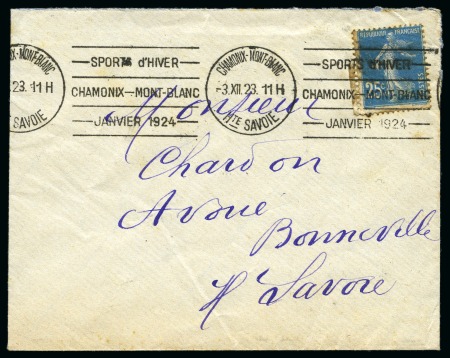 Stamp of Olympics » 1924 Chamonix 1923 (Dec 3) Envelope with "SPORTS d'HIVER / CHAMONIX - MONT-BLANC / JANVIER 1924" special roller cancel 