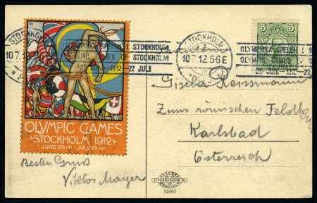 Stamp of Olympics » 1912 Stockholm » Roller Machine Cancels 12th DAY: 1912 (Jul 10) Picture postcard with 5ö and official Olympic vignette (English language) tied by the Olympic roller cancel