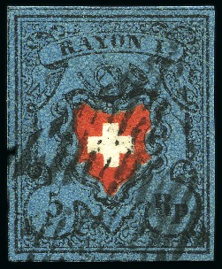 Stamp of Switzerland / Schweiz » Rayonmarken » Rayon I, dunkelblau ohne Kreuzeinfassung Type 9, farbfrisch und ringsum gut bis sehr gut gerandet,,