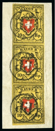 Stamp of Switzerland / Schweiz » Rayonmarken » Rayon II, gelb, ohne Kreuzeinfassung (STEIN A 1) Typen 20+28+36 A1/U als senkr. Dreierstreifen, sehr