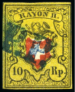 Stamp of Switzerland / Schweiz » Rayonmarken » Rayon II, gelb, ohne Kreuzeinfassung (STEIN A 1) Stein A1/U, drei Marken mit Plattenfehlern: Type 29