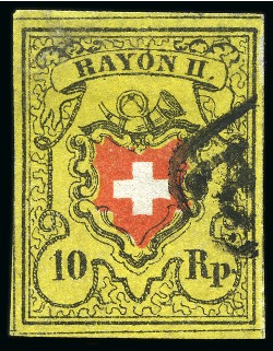 Stamp of Switzerland / Schweiz » Rayonmarken » Rayon II, gelb, ohne Kreuzeinfassung (STEIN A 3) Type 4 A3/LO auf dünnem Papier, mit Plattenfehler: