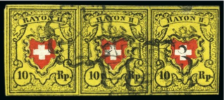 Stamp of Switzerland / Schweiz » Rayonmarken » Rayon II, gelb, ohne Kreuzeinfassung (STEIN B) Typen 33+34+35 B/RU als Dreierstreifen, farbfrisch