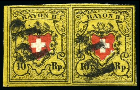 Stamp of Switzerland / Schweiz » Rayonmarken » Rayon II, gelb, ohne Kreuzeinfassung (STEIN B) Type 33+34 B/LO im Paar, farbfrisch und allseitig breitrandige