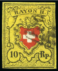 Stamp of Switzerland / Schweiz » Rayonmarken » Rayon II, gelb, ohne Kreuzeinfassung (STEIN B) Type 33 B/LO, bräunlichgelb, mit Plattenfehler: linke