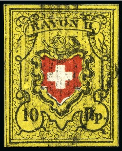 Stamp of Switzerland / Schweiz » Rayonmarken » Rayon II, gelb, ohne Kreuzeinfassung (STEIN B) Type 33 B/LO auf Kartonpapier mit seltenen Plattenfehlern: