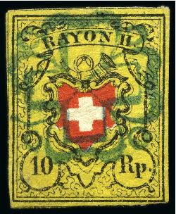 Stamp of Switzerland / Schweiz » Rayonmarken » Rayon II, gelb, ohne Kreuzeinfassung (STEIN B) Type 12 B/LO, farbfrisch und breitrandig, mit zentrischer,