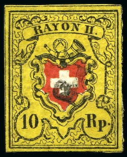 Stamp of Switzerland / Schweiz » Rayonmarken » Rayon II, gelb, ohne Kreuzeinfassung (STEIN B) Type 3 B/LO, farbfrisch und breitrandig, sauber und