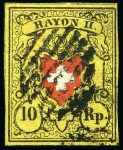 Stamp of Switzerland / Schweiz » Rayonmarken » Rayon II, gelb, ohne Kreuzeinfassung (STEIN B1) Type 18 B1/LU mit grosser Stempelseltenheit: schwarzer