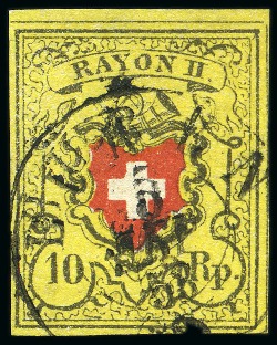 Stamp of Switzerland / Schweiz » Rayonmarken » Rayon II, gelb, ohne Kreuzeinfassung (STEIN D) Type 2 D/RU mit Retouchierung "Farbfelck im Schriftbande
