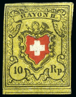 Stamp of Switzerland / Schweiz » Rayonmarken » Rayon II, gelb, ohne Kreuzeinfassung (STEIN E) Type 38 E/RO mit Abart: Auf Seidenpapier (16II1.10),