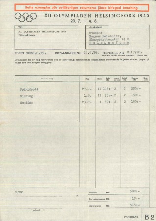Stamp of Olympics » 1940 Helsinki (Cancelled) 1940 Helsinki invoice for ticket orders on official headed paper