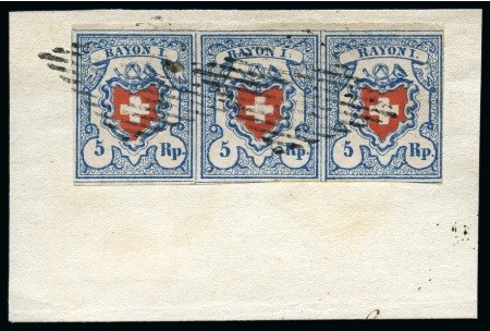 Stamp of Switzerland / Schweiz » Rayonmarken » Rayon I, hellblau, ohne KE (STEIN B1) Typen 6+7+8 B1/LU als Dreierstreifen aus der rechten