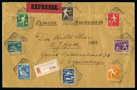 Stamp of Olympics » 1928 Amsterdam » Issued Stamps, Covers and Cancellations 1928 Olympics set of 8 on large envelope tied by the special pentagonal Games ds with Stadium registration label