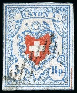 Stamp of Switzerland / Schweiz » Rayonmarken » Rayon I, hellblau, ohne KE (STEIN C1) Type 36 C1/LU mit roter Anlagelinie unten rechts, farbfrische