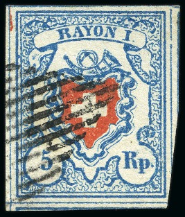 Stamp of Switzerland / Schweiz » Rayonmarken » Rayon I, hellblau, ohne KE (STEIN C1) Type 5 C1/RO mit roter Anlagelinie oben links, farbfrische