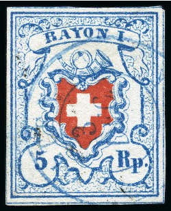 Stamp of Switzerland / Schweiz » Rayonmarken » Rayon I, hellblau, ohne KE (STEIN C1) Type 21 C1/RU, farbfrisch und ringsum gut gerandet,