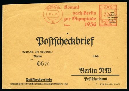 Stamp of Olympics » 1936 Berlin » Special Postmarks 1936 (Jul 13) "Kommt nach Berlin zur Olympiade 1936" slogan machine frank